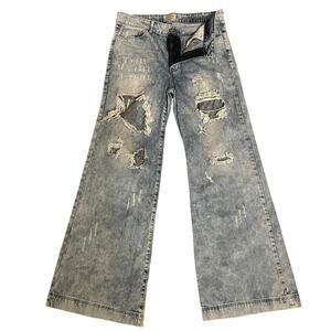 UNIQ BY LITZ Distressed Wide Leg Jeans | Acid Wash, Ripped, Y2K Grunge, 29/9
